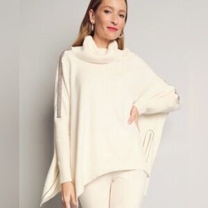 Chico’s Ball Chain Knit Long Sleeve Poncho Size XL Cowl Neck Color Beige